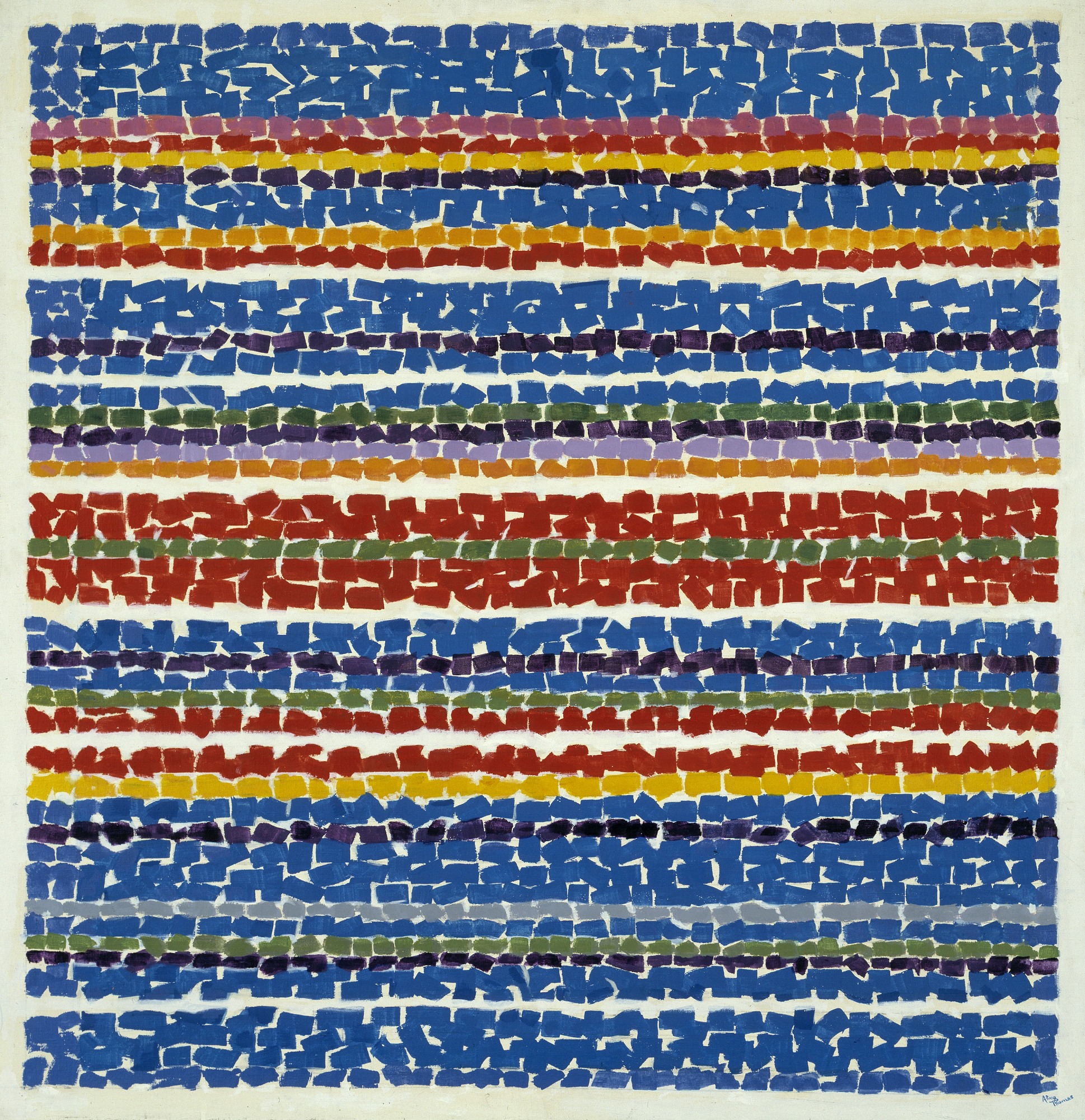 Alma Thomas "Light Blue Nursery" chromatic painting with lots of blue and red dots