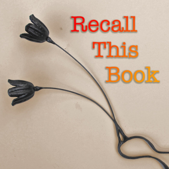 Recall This Book logo, black flowers on a tan background with red text