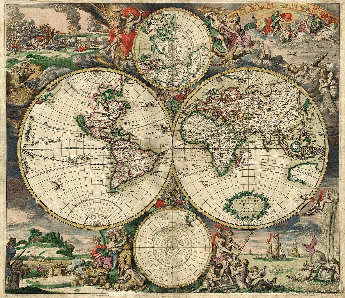 Colorful map of the world from 1689 with various figures around the edges