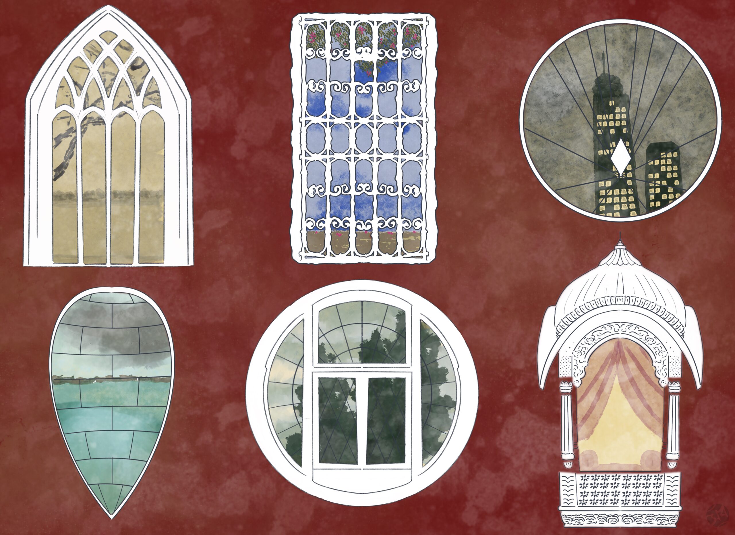 illustration of six windows in six different architectural styles with six different views
