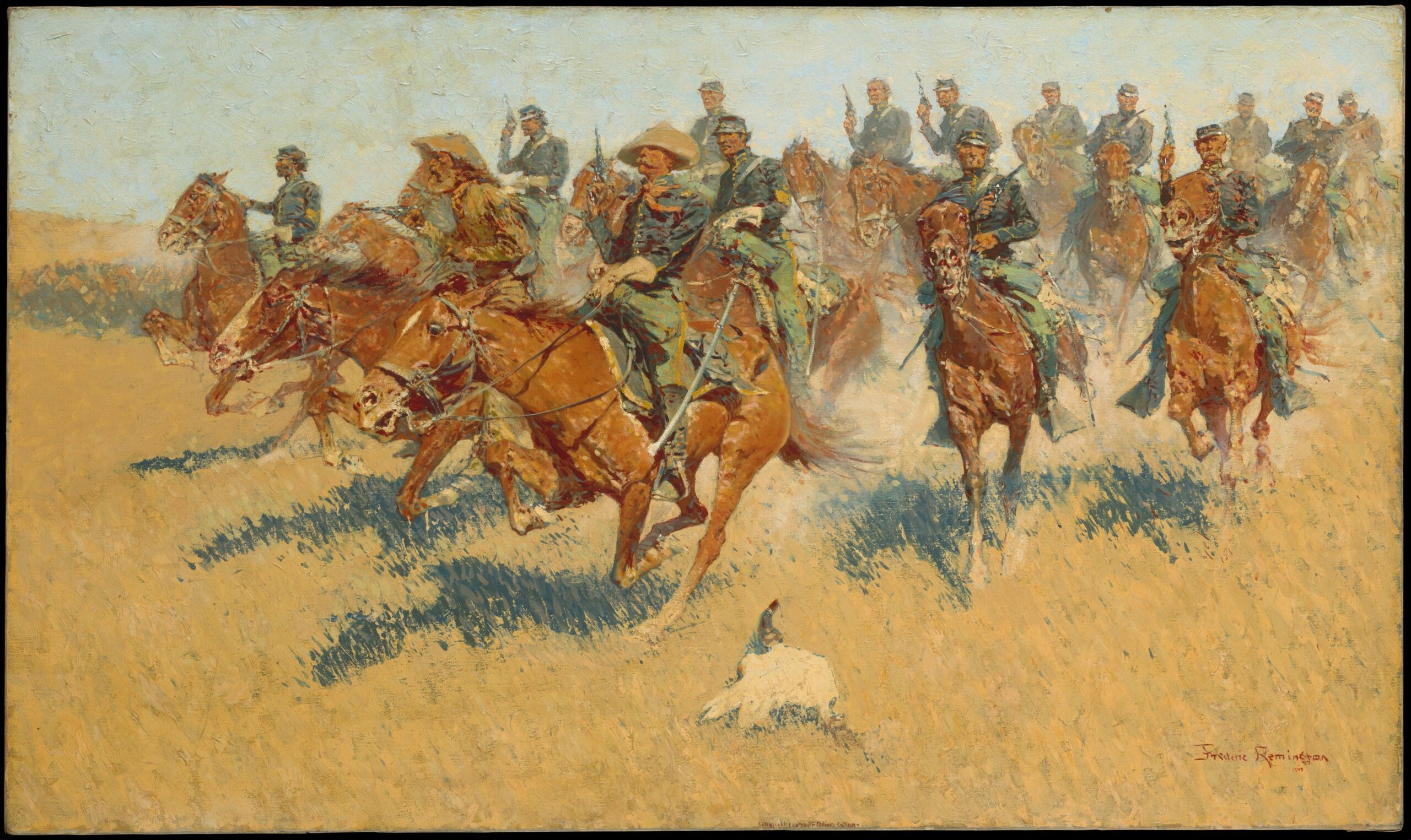 Painting of soldiers on horseback in the American West.