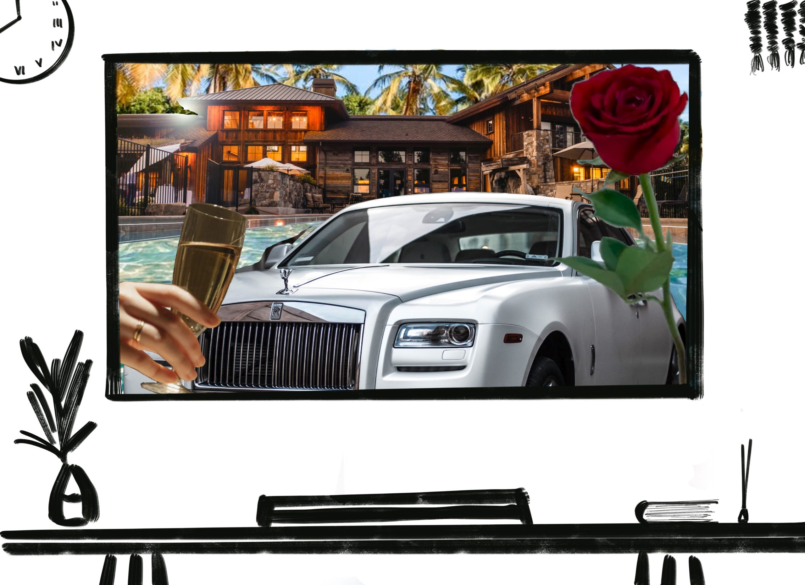 Collage of different elements of popular reality TVs - a mansion, a car, a single rose, a hand holding a glass of champagne - inside the black outline of a TV, along with outlines of a desk, a houseplant, a speaker, some incense sticks.