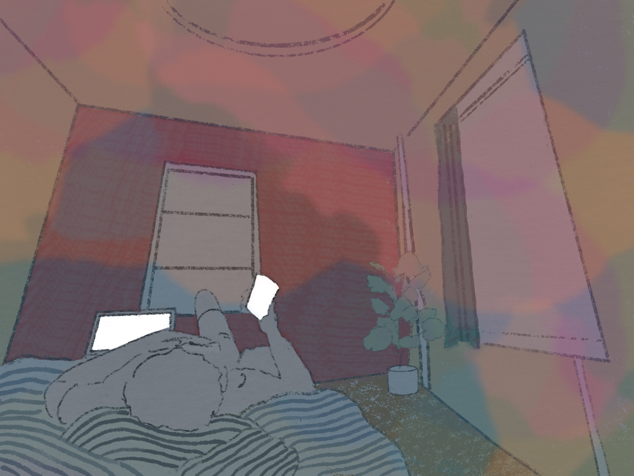 illustration of person lying on bed looking at phone held in hand, open laptop on the side, darkened room overlaid with multicolored shapes of light