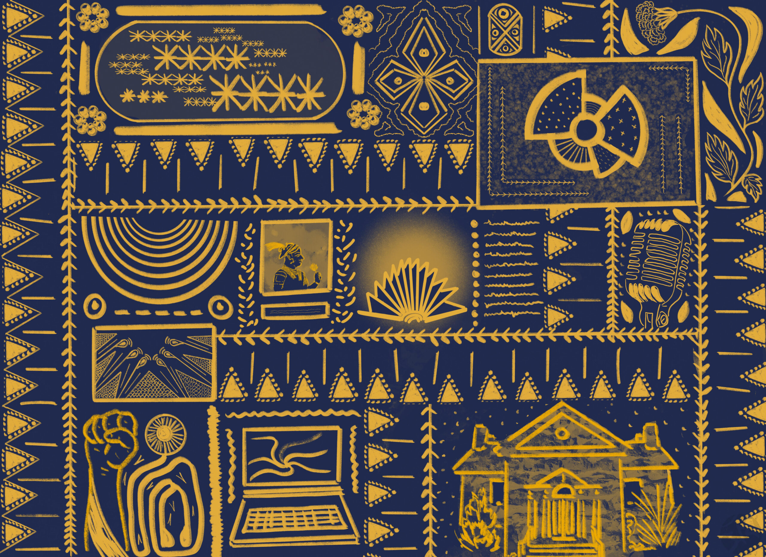 gold over blue tapestry with stylized images of a college building, a laptop computer, a stethoscope, a raised feast, a word cloud, an amphitheater, a pie graph and other objects