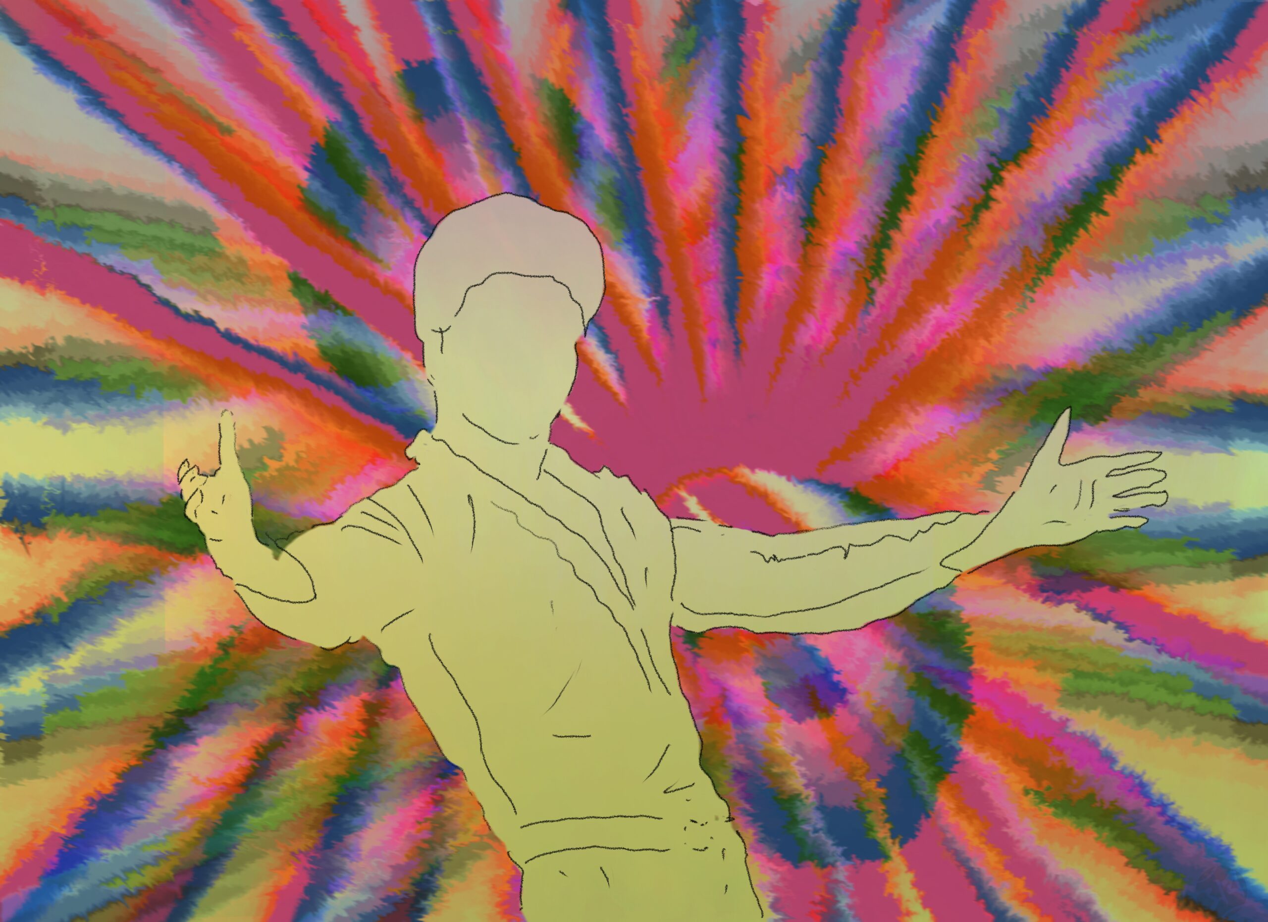 outline of male figure, leaning slightly to the front right with arms outstretched, against a background of spoked wheels of psychadelic pink, yellow, and green colors