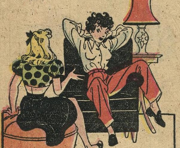 drawing of two women, one facing away from the viewer sitting on a sofa puff and gesturing with her right hand, one facing towards the viewer, reclining dramatically in an armchair, from the comic book Mopsy