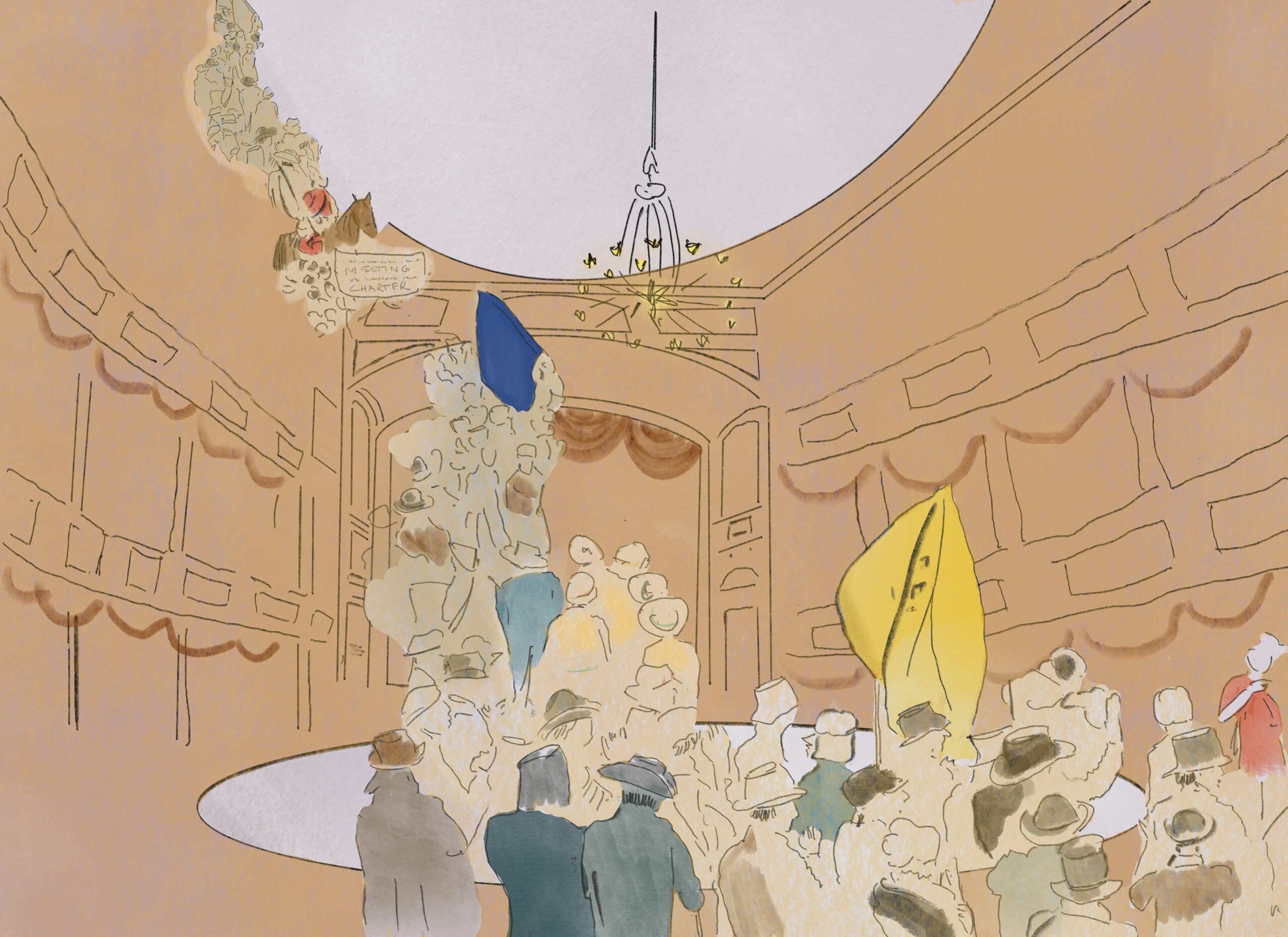 Ink drawing of a crowd of people in hats and coats with banners inside a great hall. The scene has a dreamlike quality, the people float, disconnected from surroundings, there is a horse in the upper right hand corner bearing a placard saying something about a charter and a chandelier hanging from the ceiling.