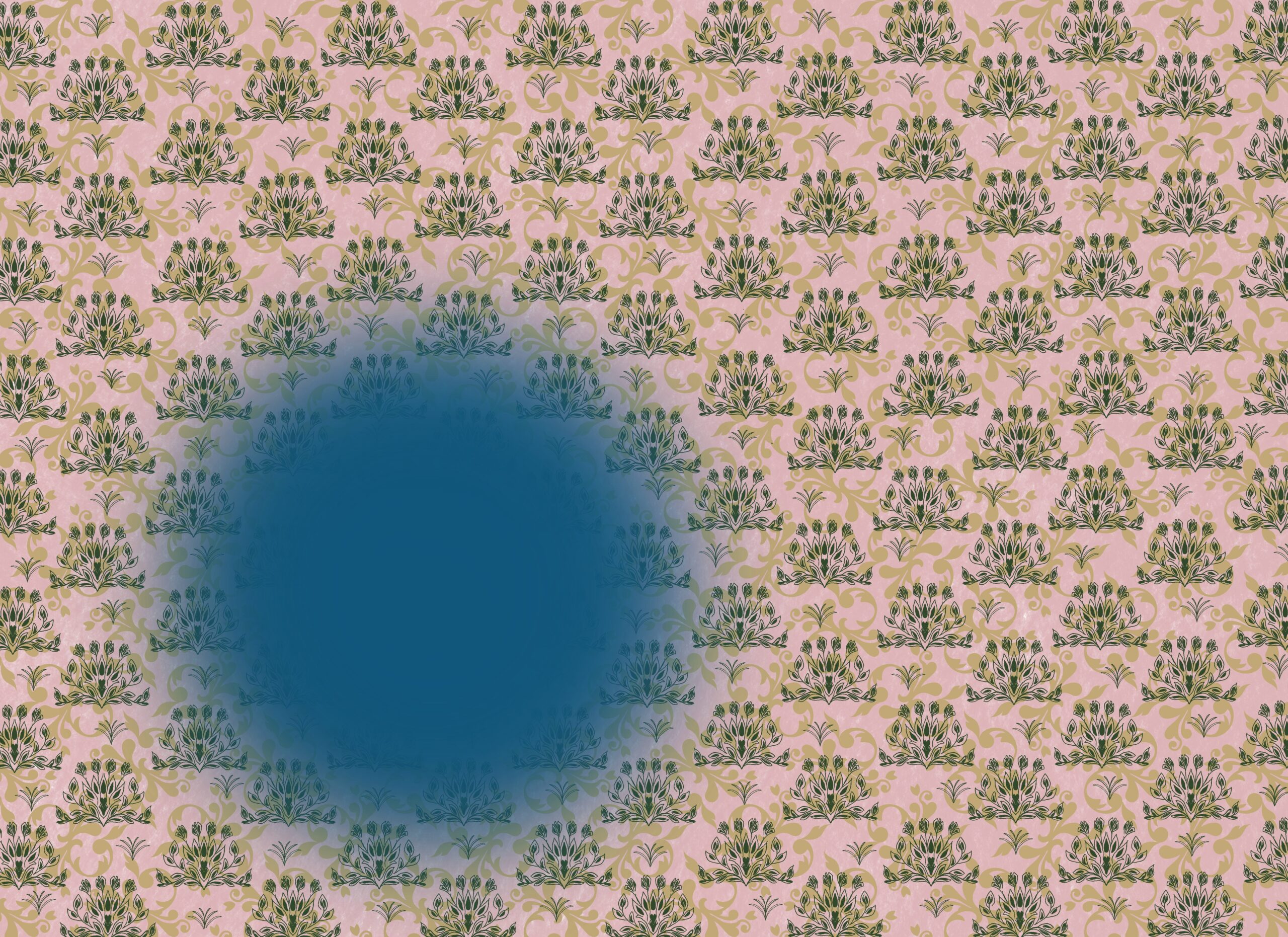 pick wallpaper with brown and green repeated stylized floral pattern kind of like William Morris designs with a large blue blot at center left.