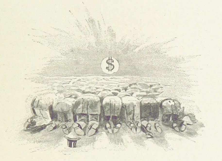 greyscale pencil drawing of people bowing before a dollar sign