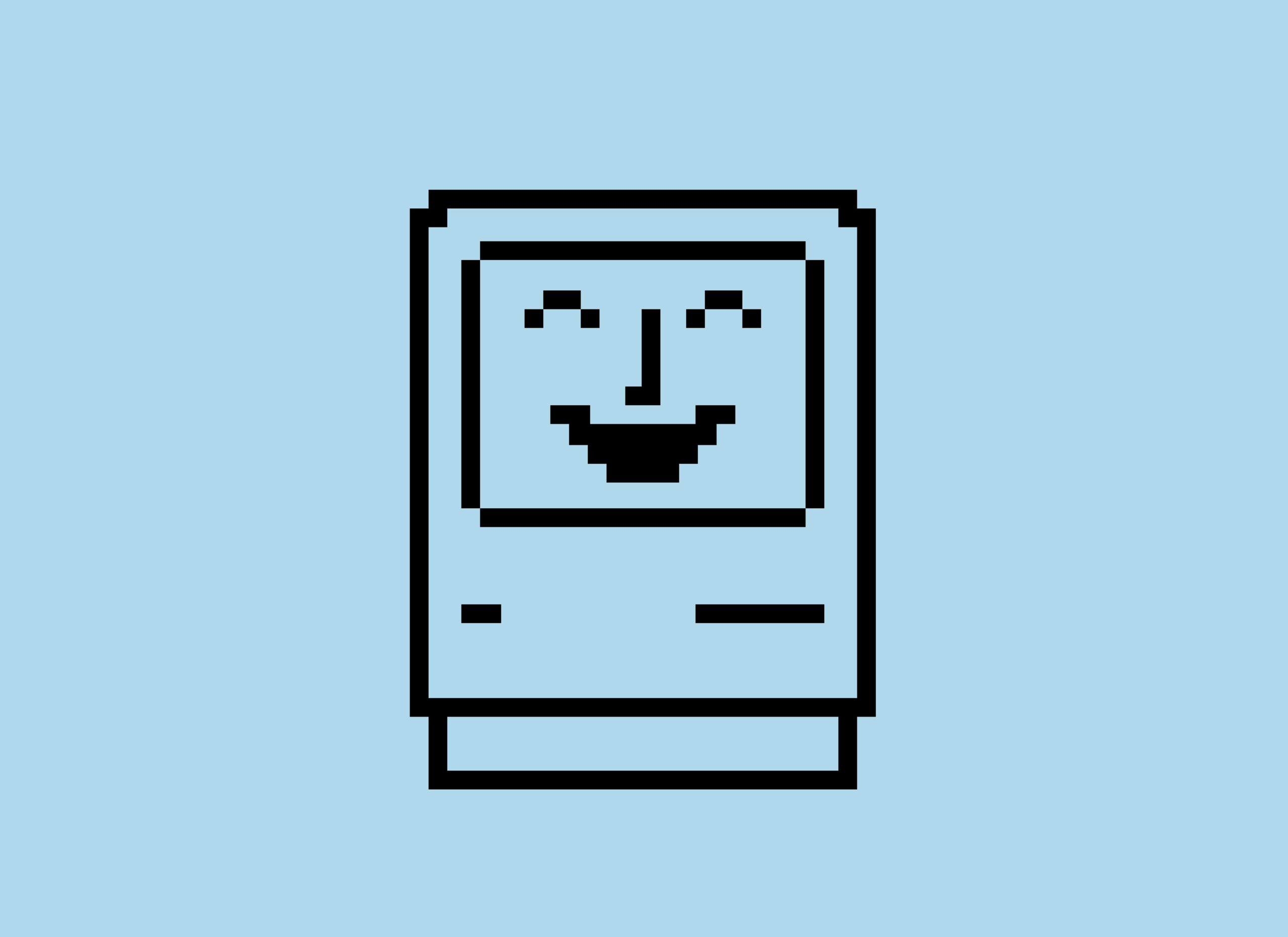 Pixelated image of a smiling computer on a blue background.