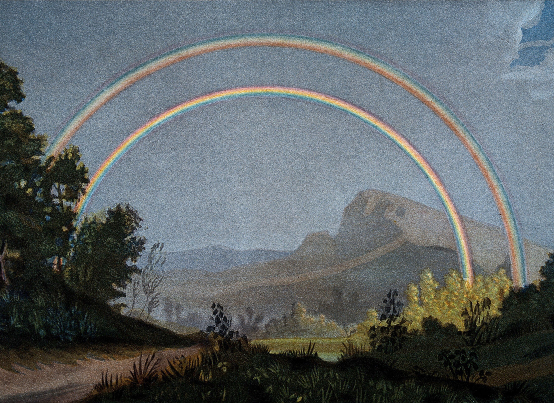 Image of a double rainbow over a landscape