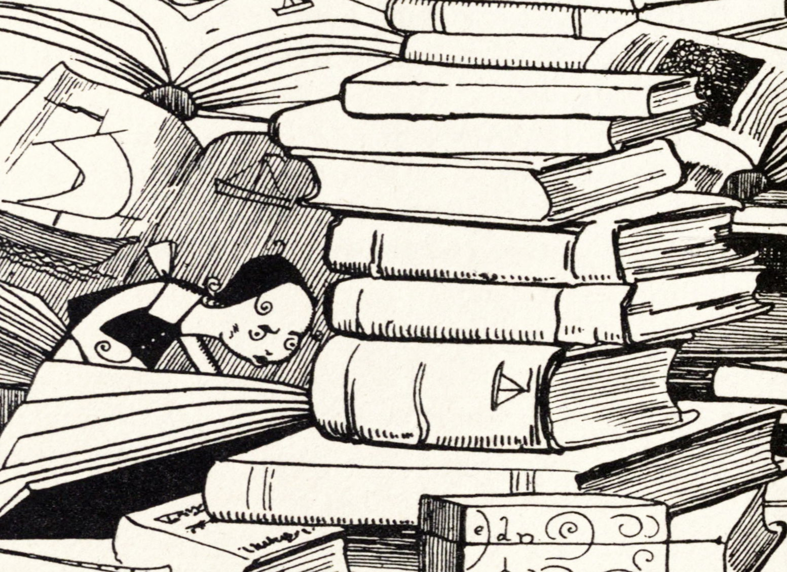 Black and white drawing of a girl surrounded by stacks of books.